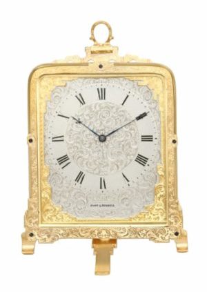 English-engraved-gilt-brass-eight-day-Cole-strut-clock-victorian-Hunt-Roskell-London-