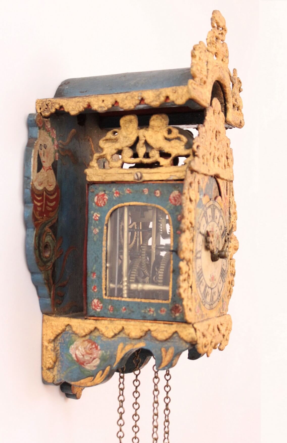 Dutch-Frisian-miniature-polychrome-provincial-striking-stoelschippertje-stoelklok-antique-wall-clock-