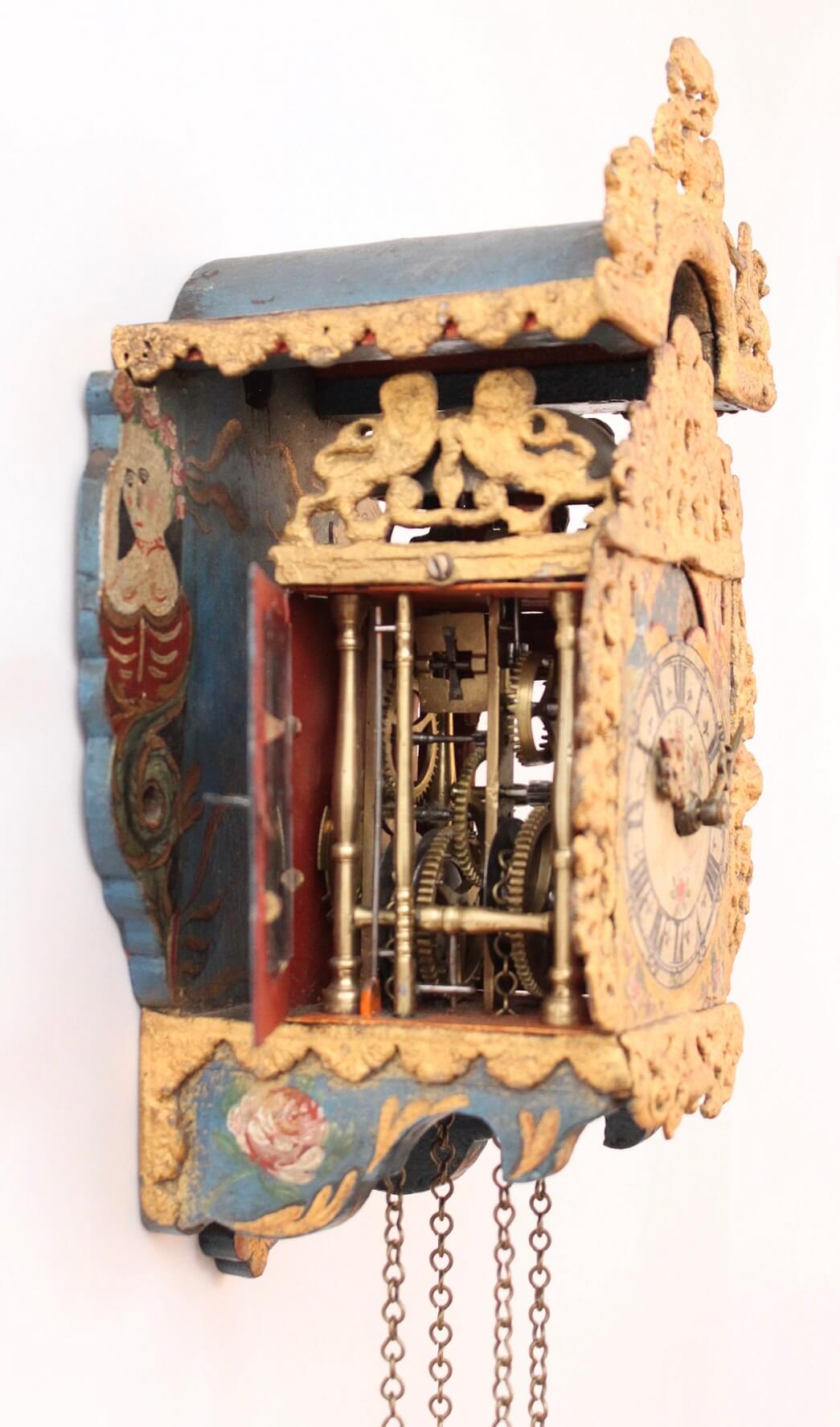 Dutch-Frisian-miniature-polychrome-provincial-striking-stoelschippertje-stoelklok-antique-wall-clock-