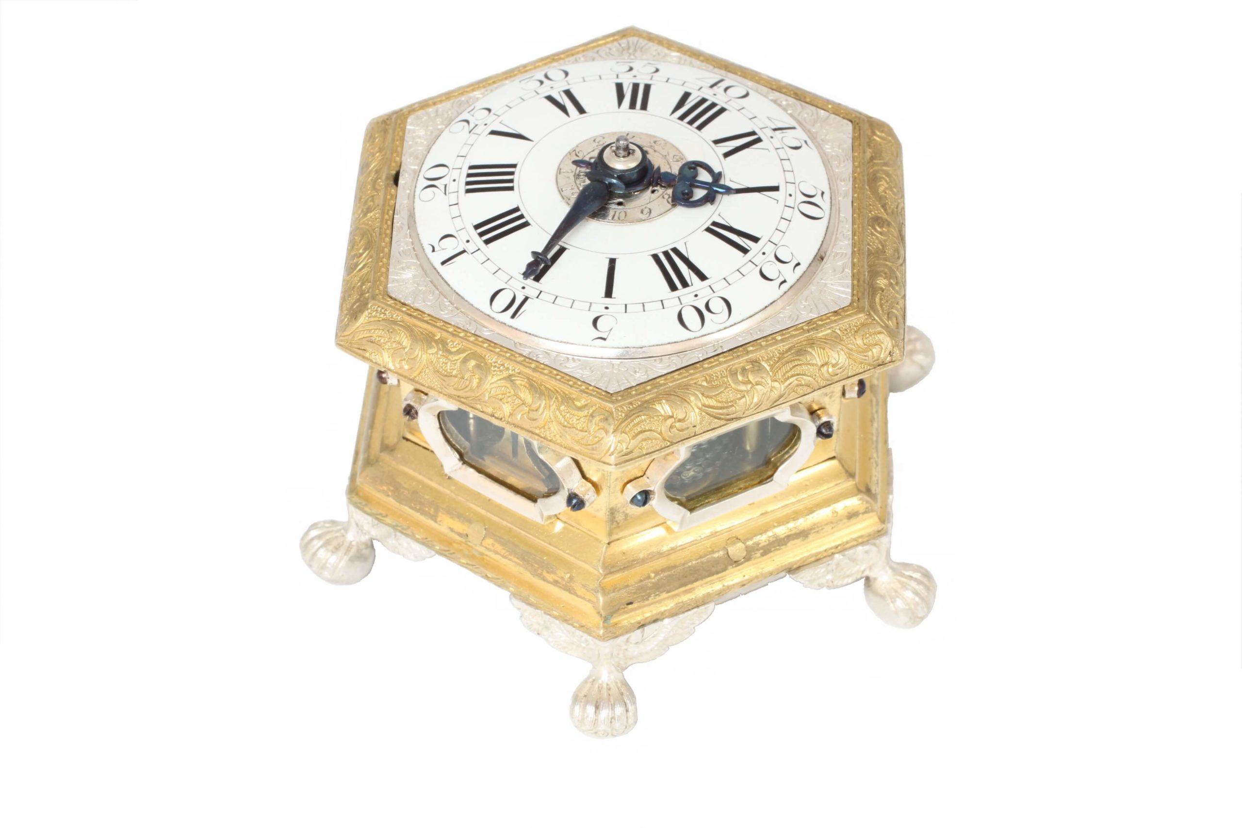 German-miniature-hexagonal-horizontal-gilt-silvered-striking-alarm-antique-table-clock-Maijr-