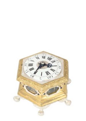 German-miniature-hexagonal-horizontal-gilt-silvered-striking-alarm-antique-table-clock-Maijr-