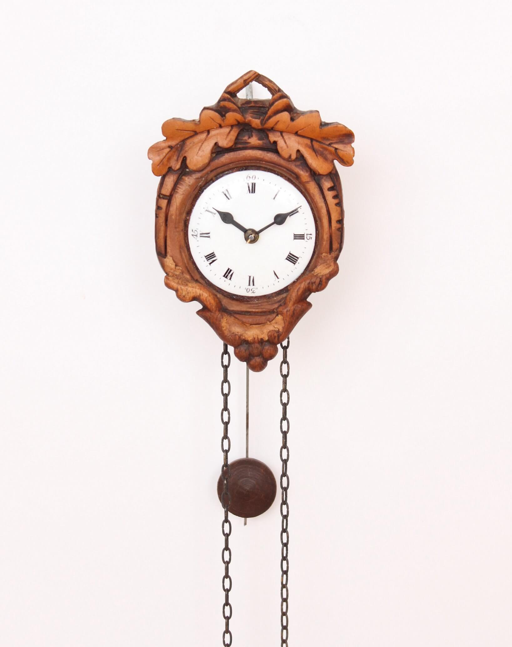 miniature-German-Black Forest-Schwarzwald-carved-stained-small-hausle-sorg-sorguhr-antique-wall-clock-