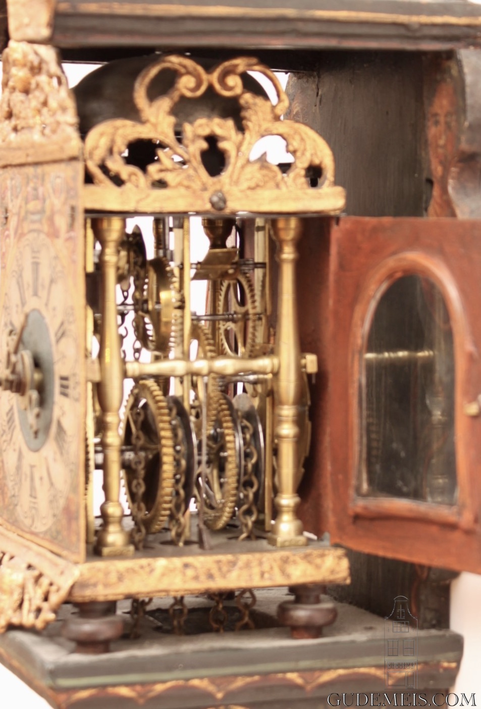 miniature-small-Dutch-Frisian-polychrome-iron-brass- striking-alarm-stoelschippertje-provincial-antique-wall-clock