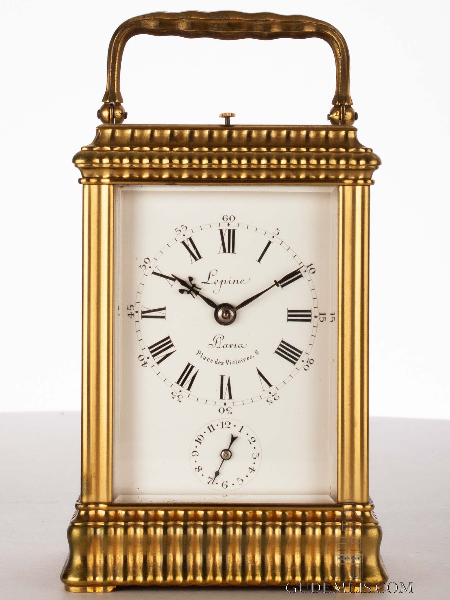 French-gilt-brass-gadrooned-gorge case-striking-alarm-antique-ravel-carriage-clock-lepine-paris