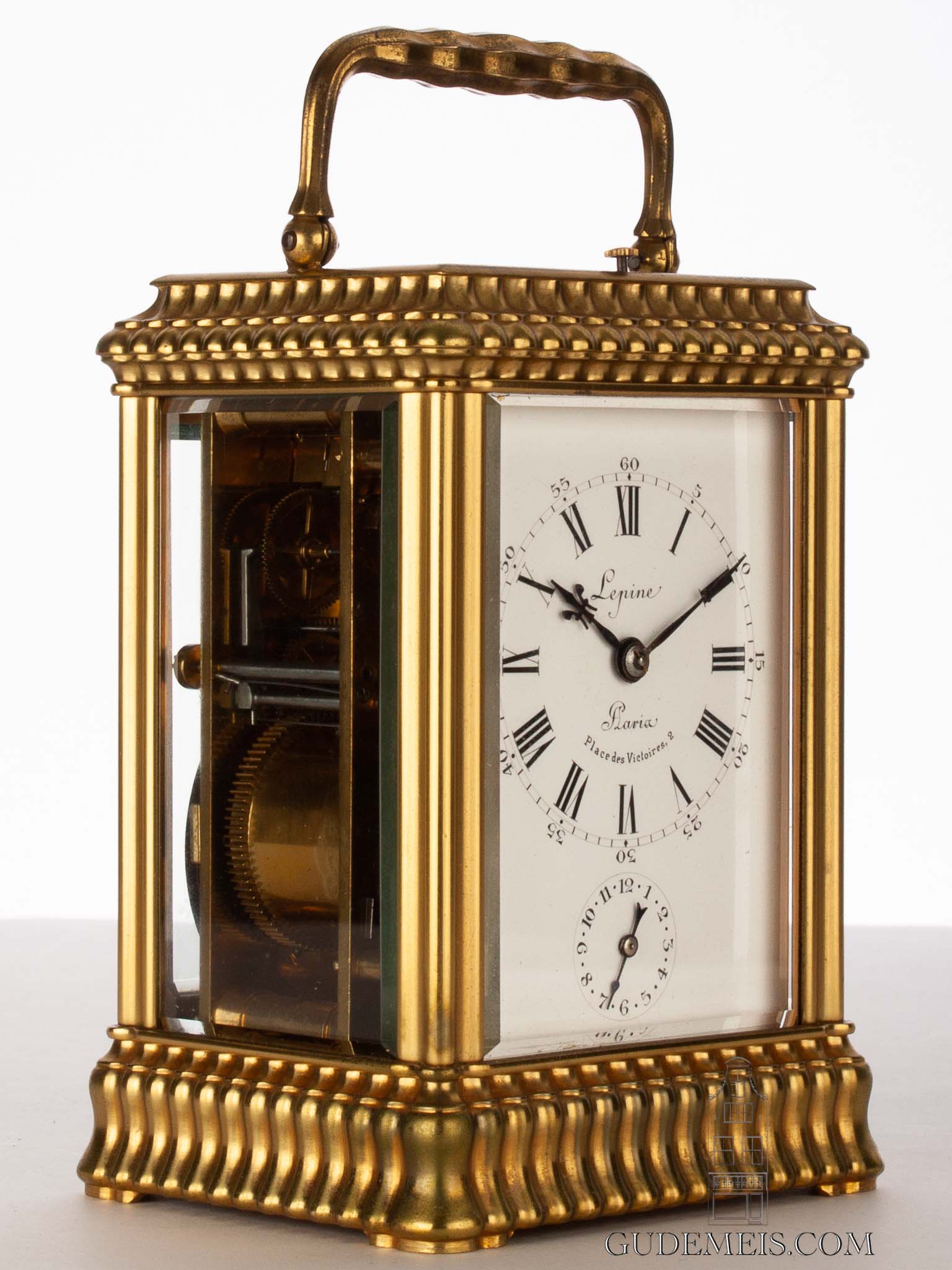 French-gilt-brass-gadrooned-gorge case-striking-alarm-antique-ravel-carriage-clock-lepine-paris