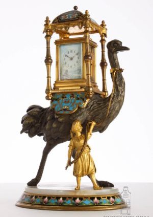 Swiss-French-gilt-porcelain-polychrome-gilt-brass-anglaise-miniature-carriage-clock-ostrich-bronze-presentation-stand-
