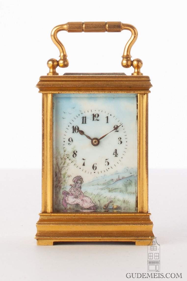 Swiss-French-gilt-porcelain-polychrome-gilt-brass-anglaise-miniature-carriage-clock-ostrich-bronze-presentation-stand-