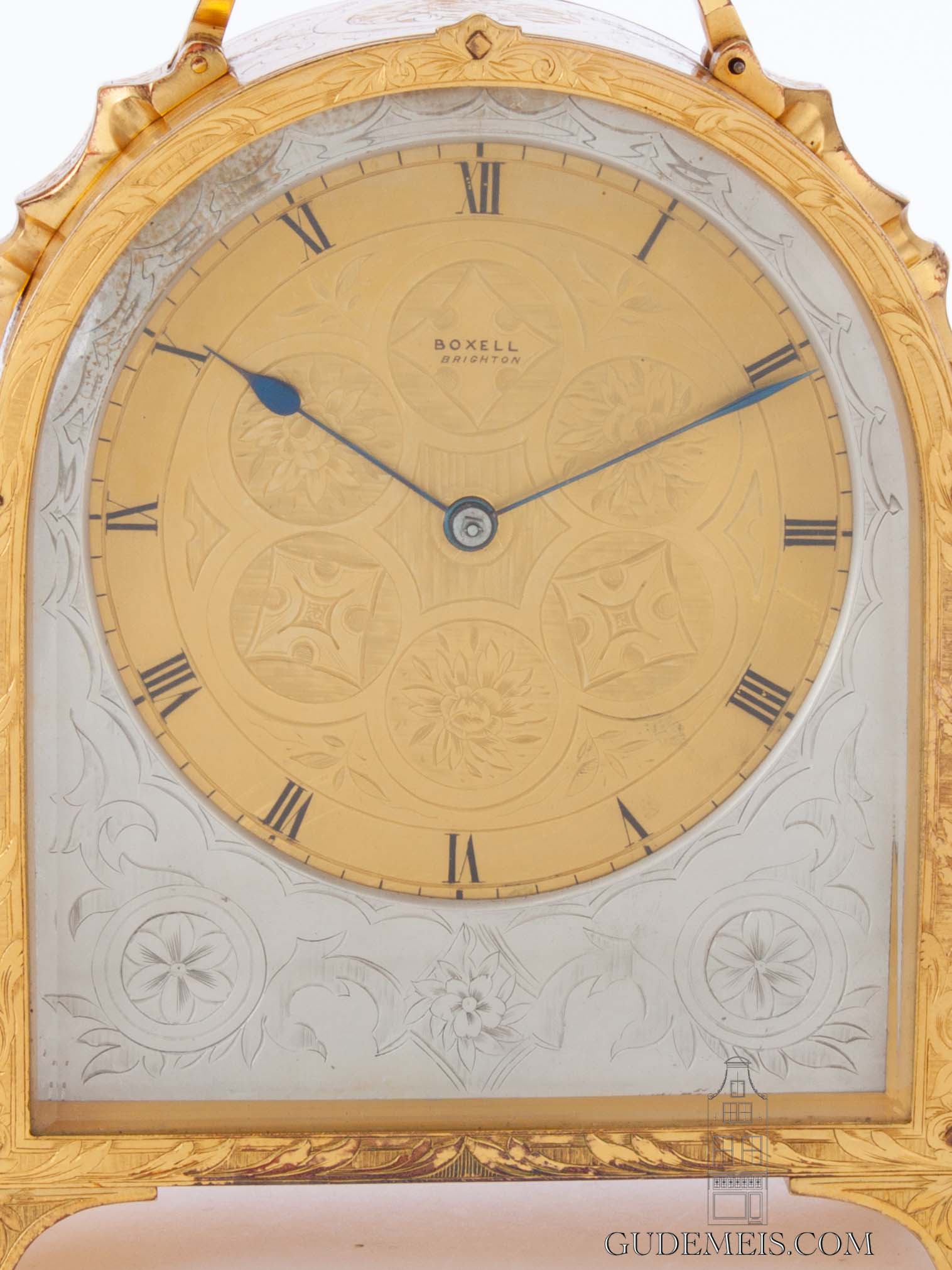 English-gilt-silvered-engraved-antique-carriage-travel-clock-Thomas Boxel-Brighton-1850-