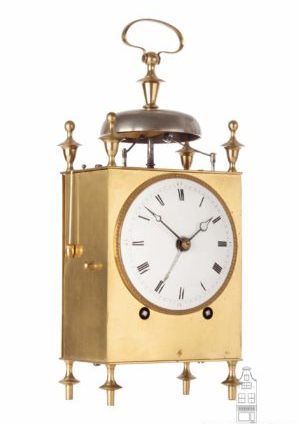 French-Swiss-brass-striking-alarm-repeating-capucine-travel-antique-clock-