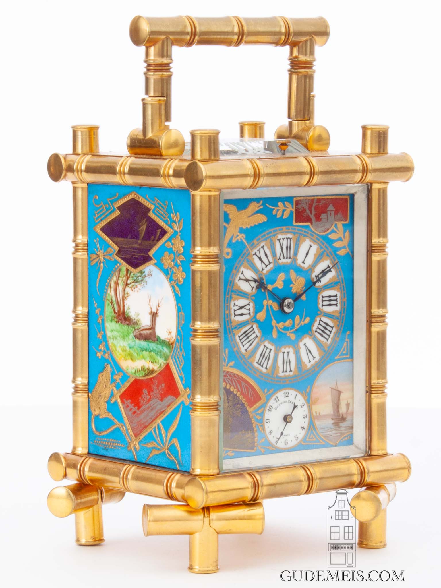French-paris-gilt-brass-bamboo-case-striking-alarm-oriental-japanned-porcelain-panels-antique-carriage clock-