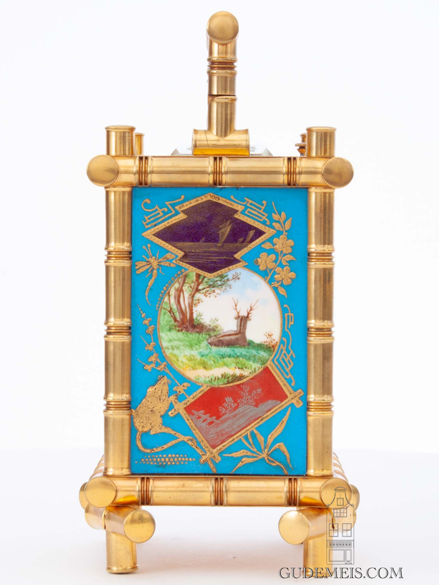 French-paris-gilt-brass-bamboo-case-striking-alarm-oriental-japanned-porcelain-panels-antique-carriage clock-