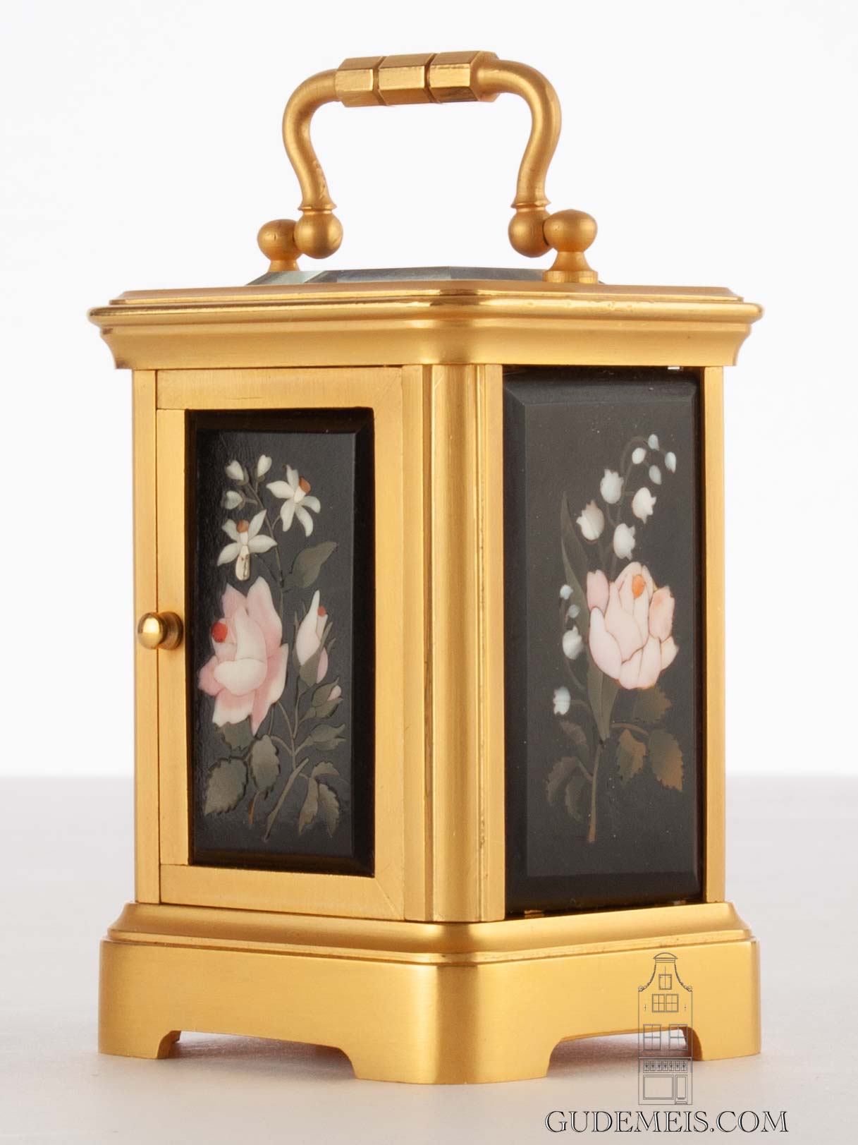 miniature-antique-carriage-clock-H. Bosi-Firenze-French-pietra-dura-gold-plated-bronze-ormolu-floral-motifs-