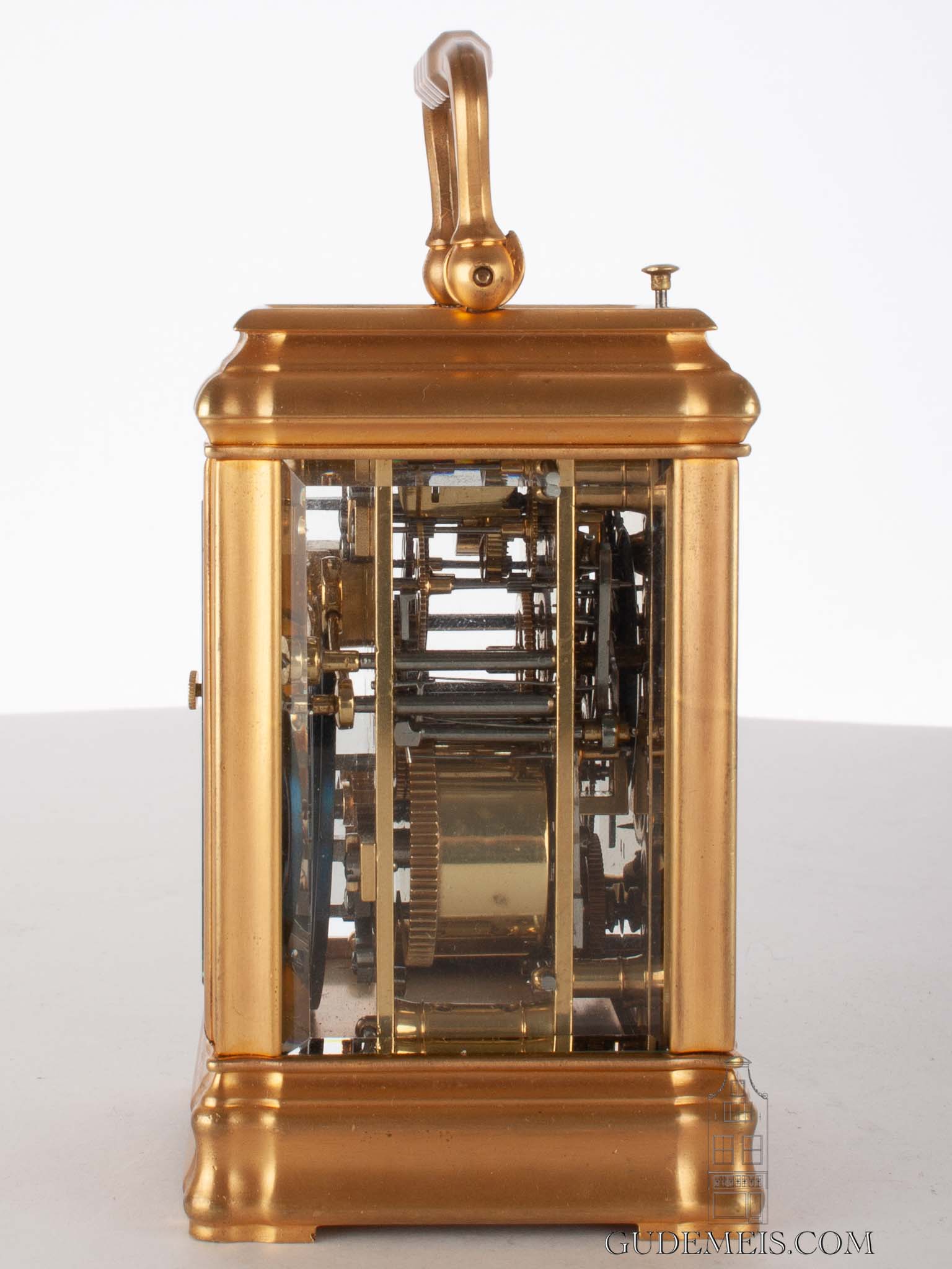 small-French-gilt-brass-gorge-case-carriage-antique-travel-clock-striking-ship's-hours-Le Roy-paris