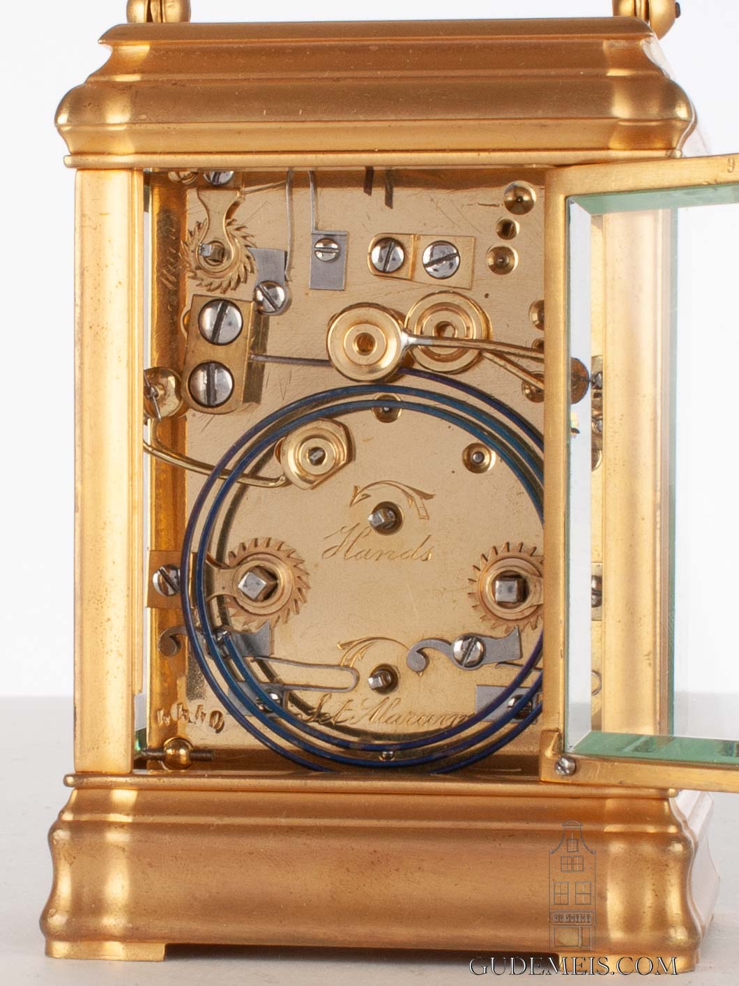 small-French-gilt-brass-gorge-case-carriage-antique-travel-clock-striking-ship's-hours-Le Roy-paris