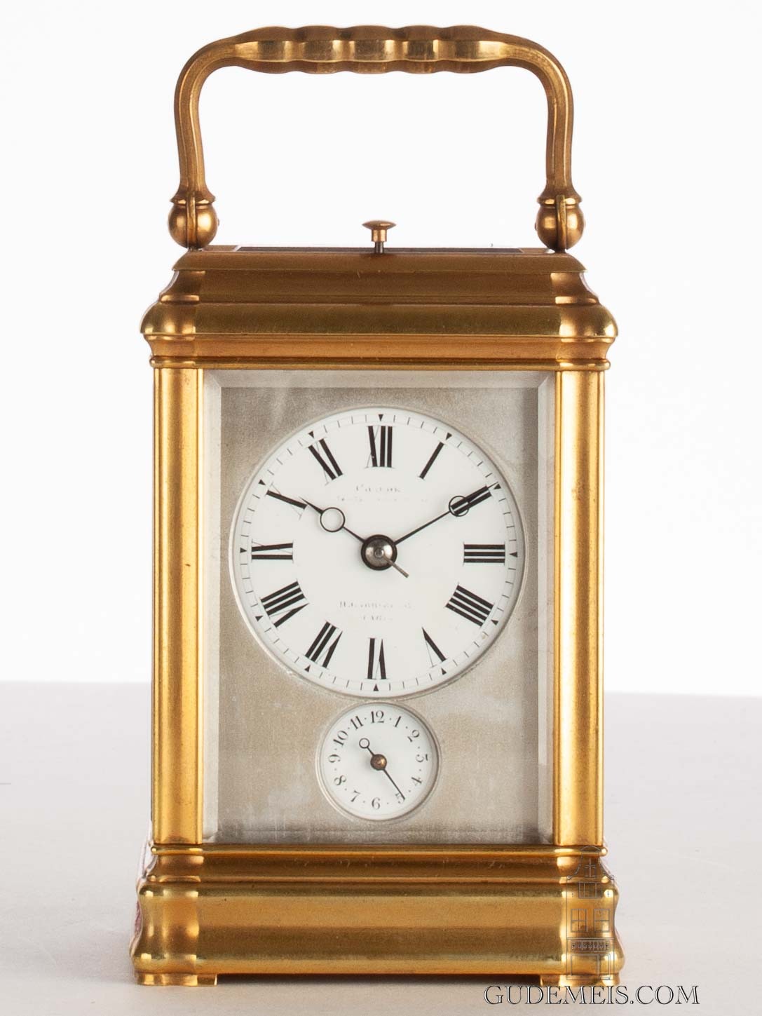 French-gilt-brass-gorge-case-striking-repeating-alarm-margaine-antique-carriage-clock-