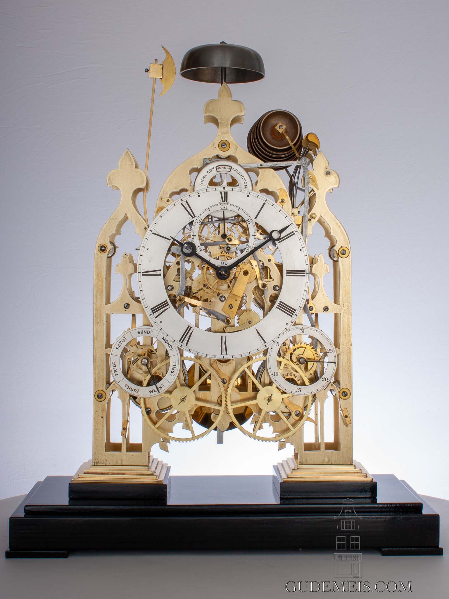 large-English-neo-gothic-brass-skeleton-quarter-chime-calendar-antique-clock-Cox-Islington-Victorian-