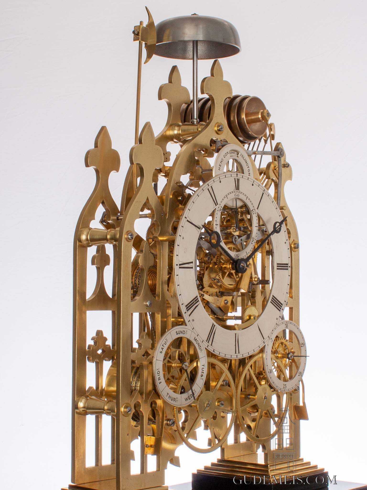 large-English-neo-gothic-brass-skeleton-quarter-chime-calendar-antique-clock-Cox-Islington-Victorian-