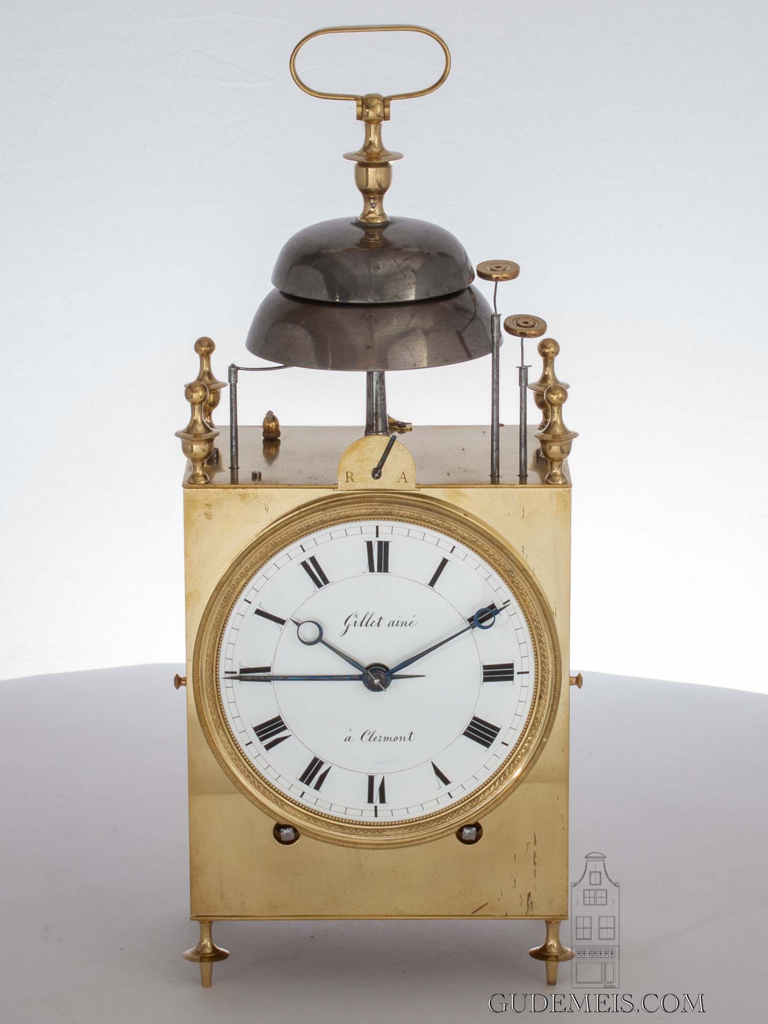 large-French-brass-oversized-quarter-striking-alarm-two-bells-gillet-aine-Clermont-antique-travel-clock-