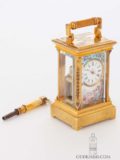 Miniature-Swiss-gilt-brass-anglaise-case-polychrome-enamel-gilt-brass-antique-travel-carriage-clock-enamel-dial-