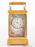 Miniature-Swiss-gilt-brass-anglaise-case-polychrome-enamel-gilt-brass-antique-travel-carriage-clock-enamel-dial-