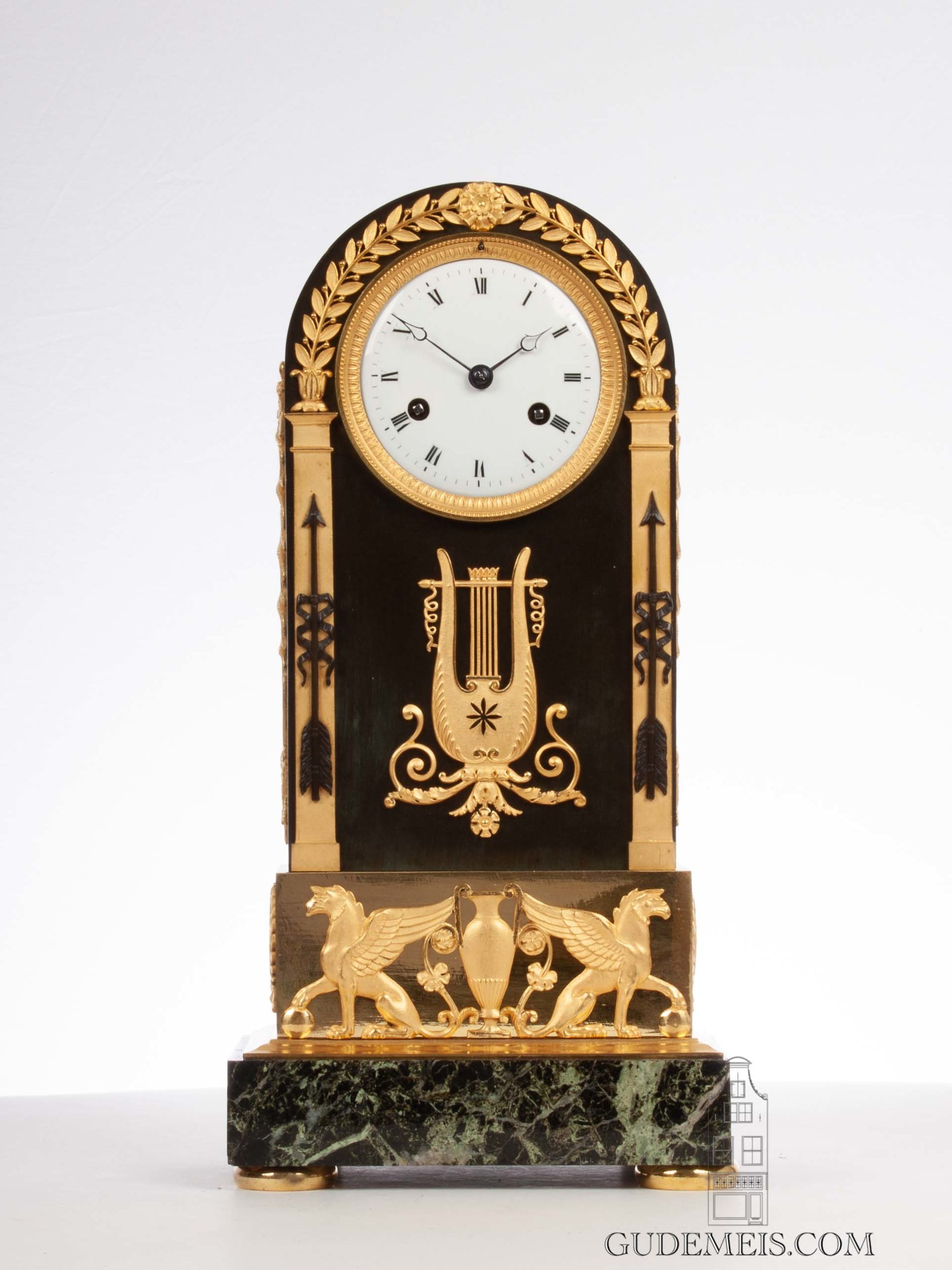 French-Empire-gilt-patinated-bronze-striking-au-borne-arched-griffins-mercury-antique-mantel-clock