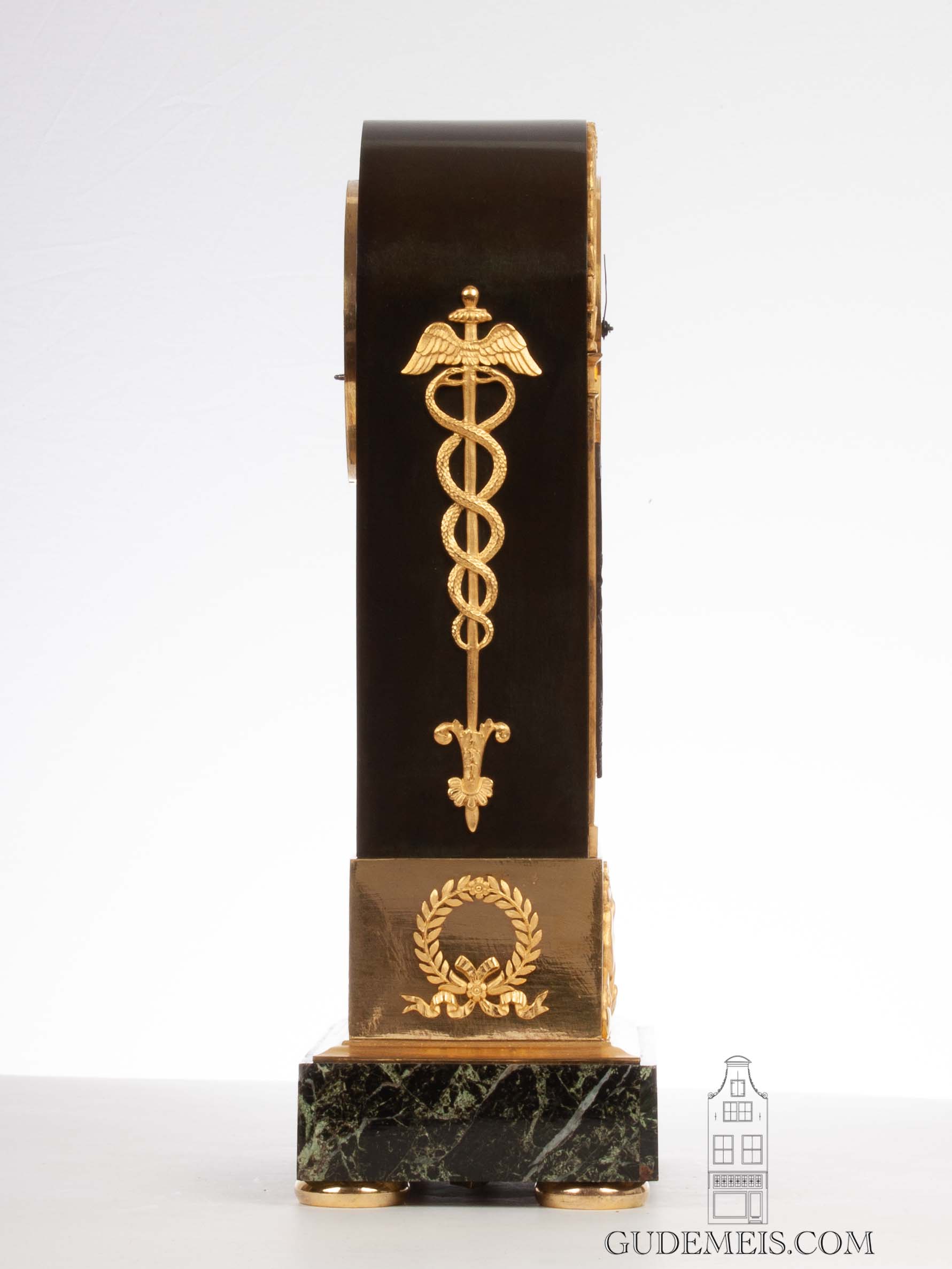 French-Empire-gilt-patinated-bronze-striking-au-borne-arched-griffins-mercury-antique-mantel-clock