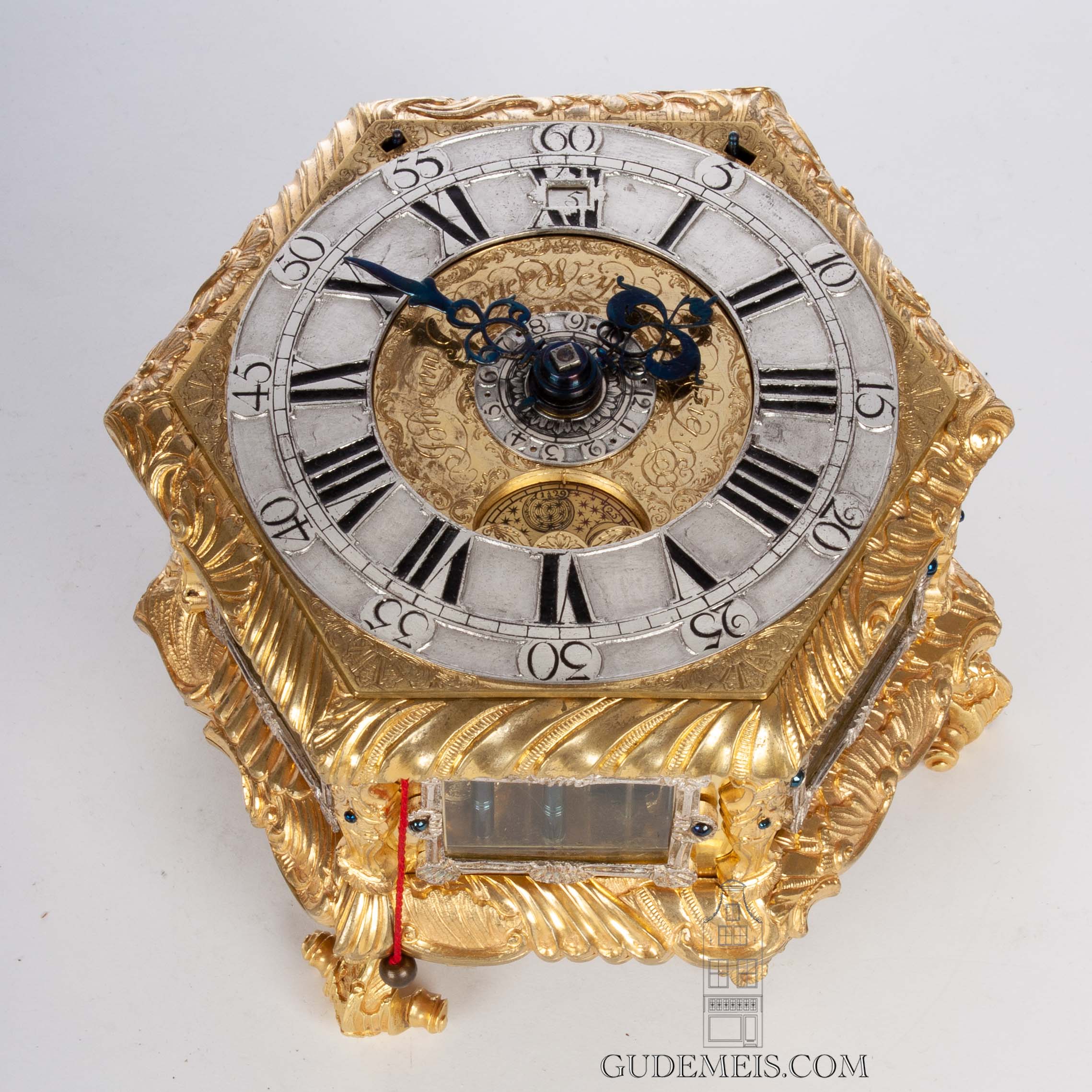 antique-German-Deutsch-gilt-brass-bronze-quarter-striking-alarm-repeating-hexagonal-horizontal-table-clock-Johann-George-Weijler-Dantzig
