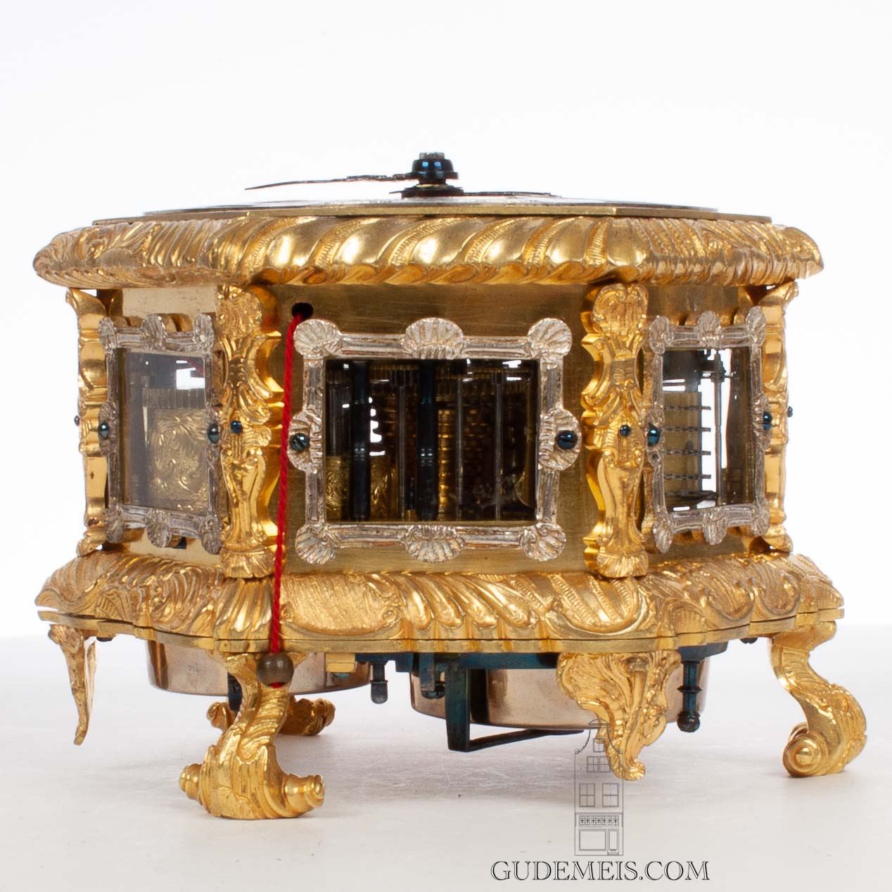 antique-German-Deutsch-gilt-brass-bronze-quarter-striking-alarm-repeating-hexagonal-horizontal-table-clock-Johann-George-Weijler-Dantzig