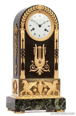 French-Empire-gilt-patinated-bronze-striking-au-borne-arched-griffins-mercury-antique-mantel-clock