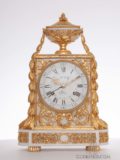 French-Louis XVI-white-marble-ormlu-gilt-bronze-borne-antique-striking-mantel-clock-Wolff-Paris