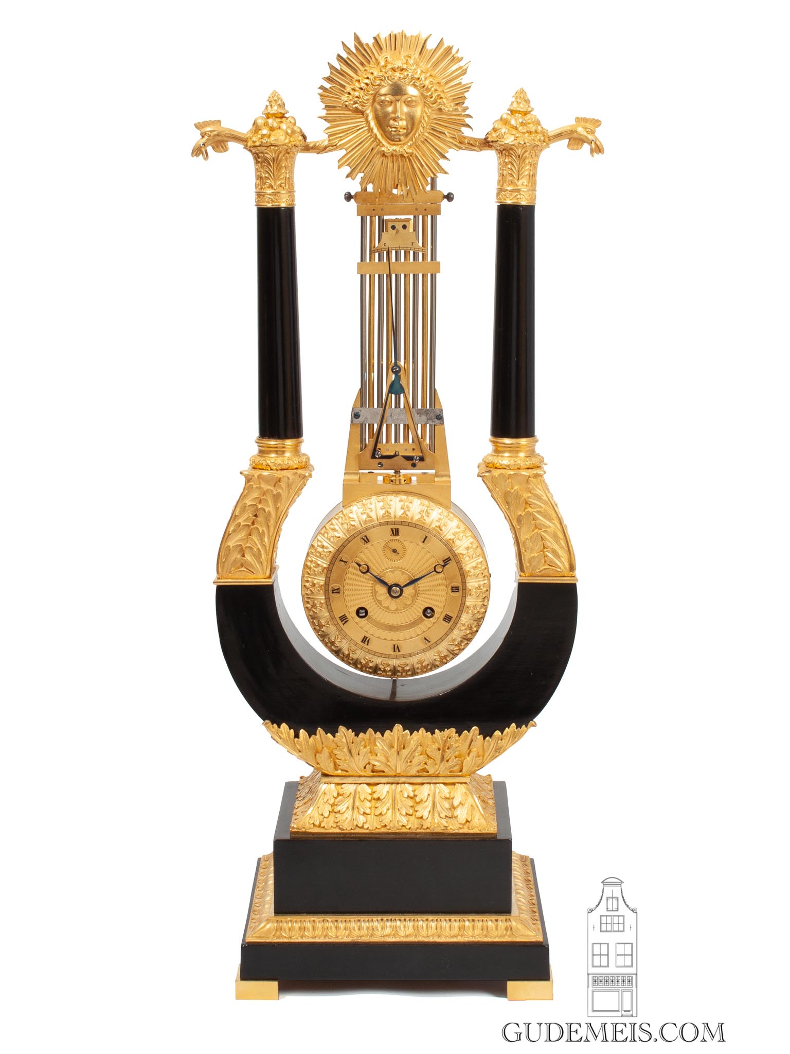French-empire-charlesX-ormolu-ebony-oscillating-movement-lyre-antique-striking-mantel-clock