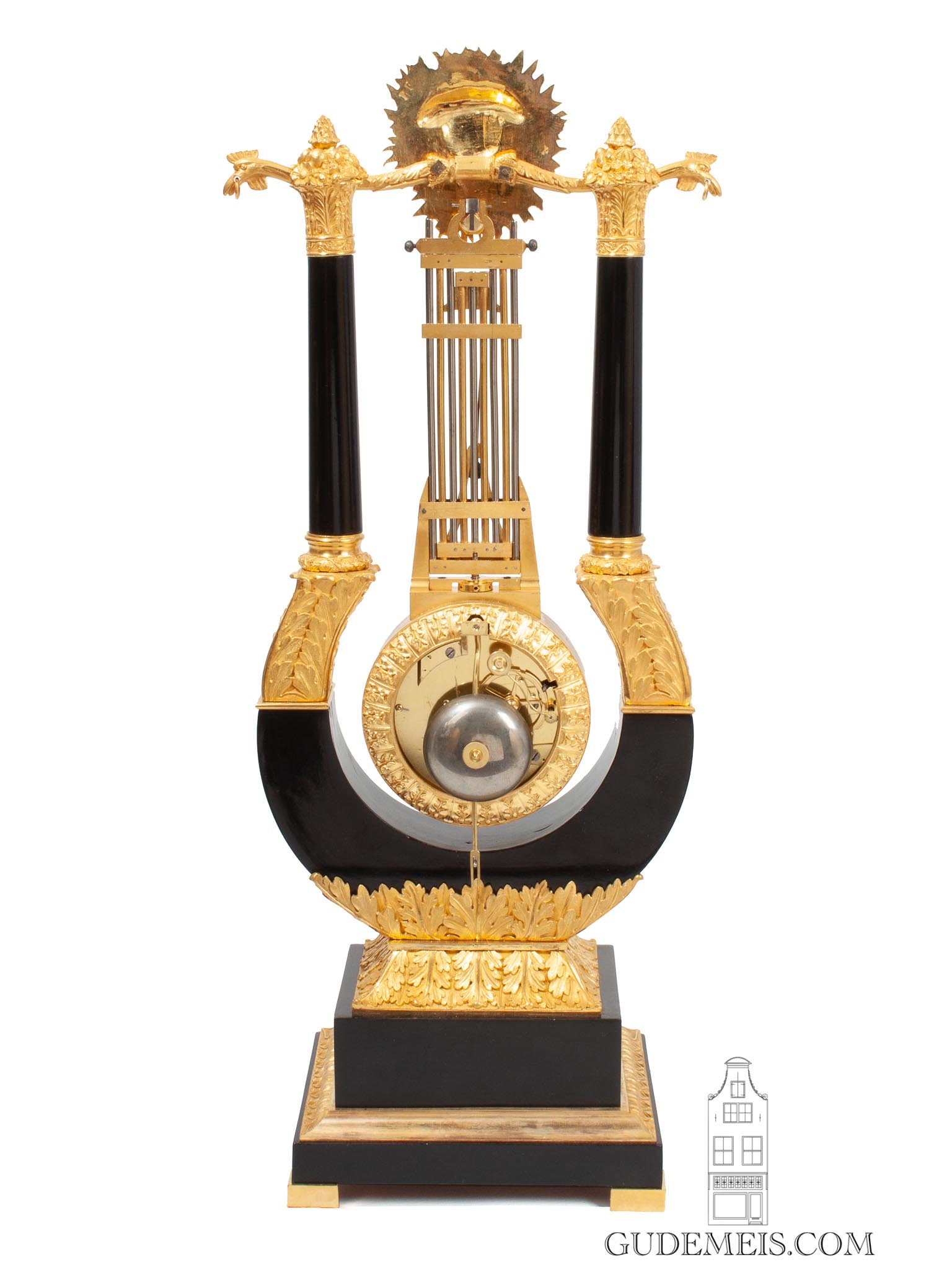 French-empire-charlesX-ormolu-ebony-oscillating-movement-lyre-antique-striking-mantel-clock