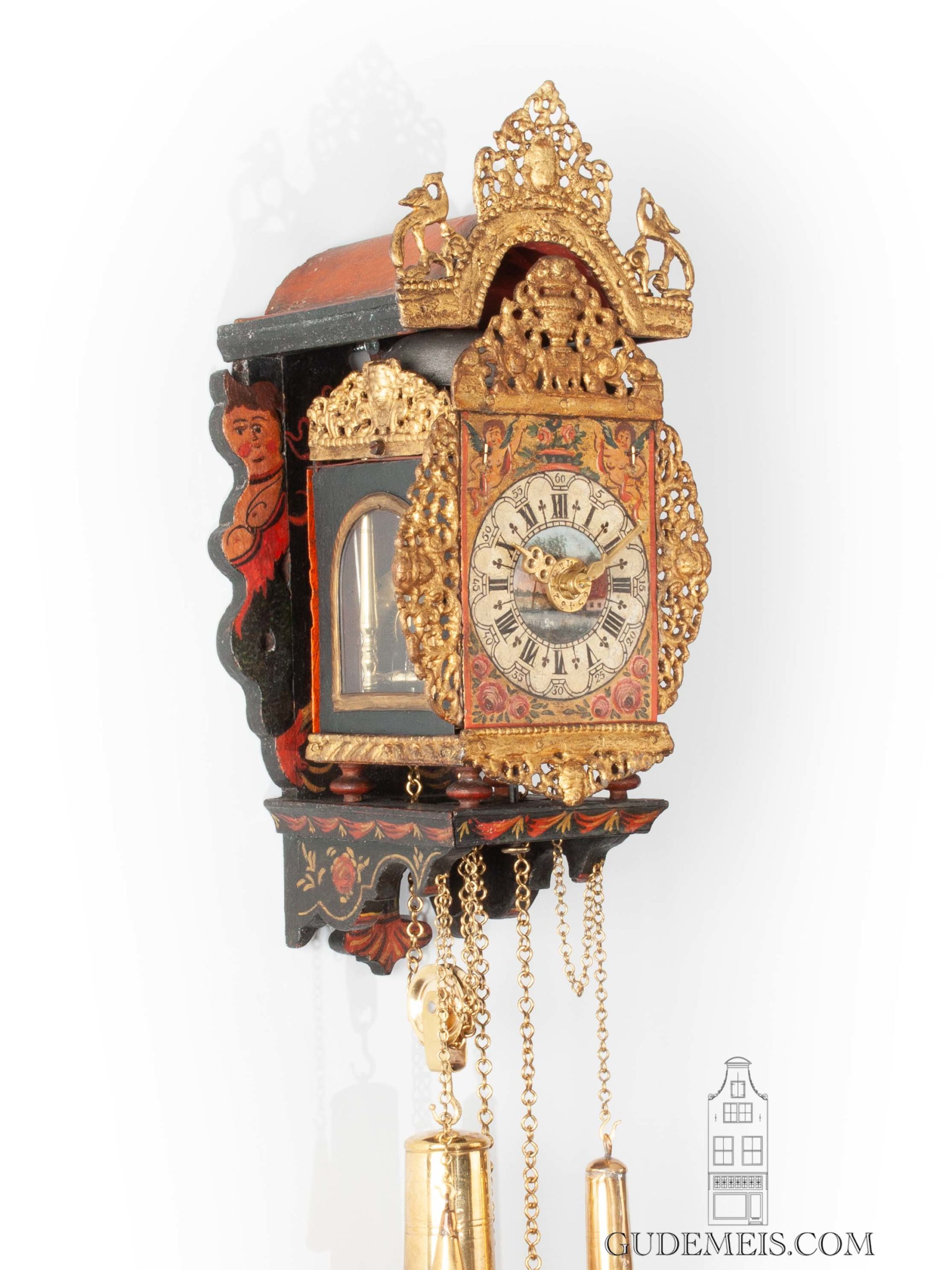 Dutch-Frisian-Fries-polychrome-iron-striking-alarm-lantern-Stoelschipper-antique-wall-clock-