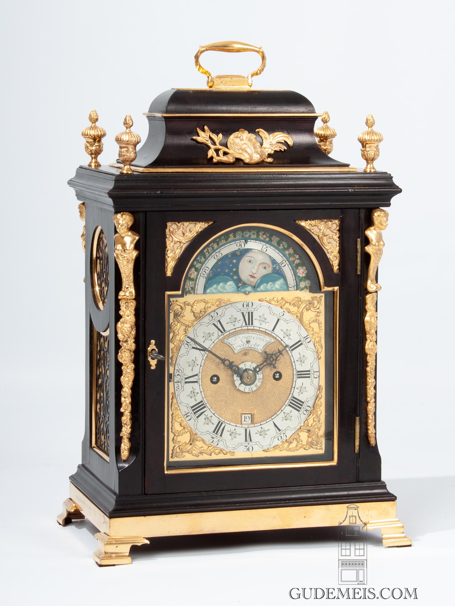 Dutch-miniature-brass-mounted-ebonized-striking-alarm-moon-phase-date-antique-table-clock-van-ceulen-utrecht