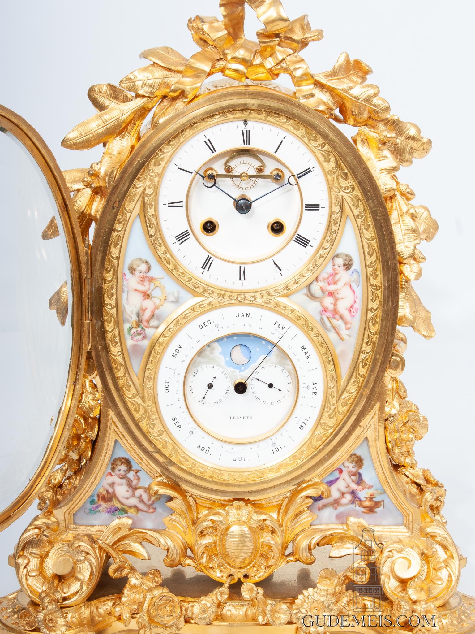 French-Napoleon III-rococo-style-sevres-porcelain-perpetual-calendar-moon phase-date-month-year-Brocot-antique-mantel-clock-