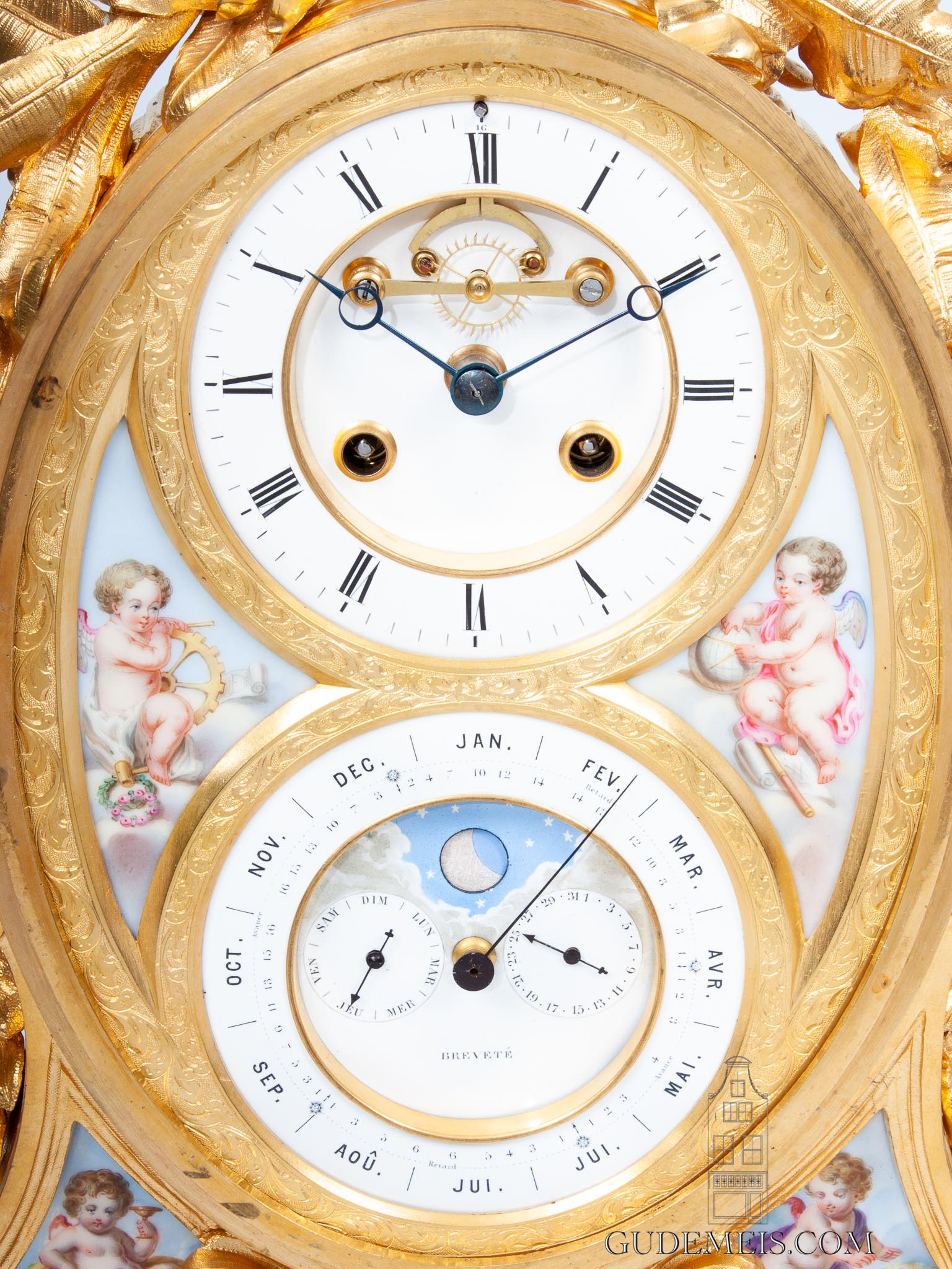 French-Napoleon III-rococo-style-sevres-porcelain-perpetual-calendar-moon phase-date-month-year-Brocot-antique-mantel-clock-