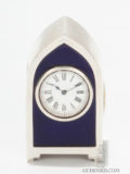 Miniature-English-lancet-shaped-silver-blue-enamel-boudoir-travel-antique-clock-goldsmiths-london-
