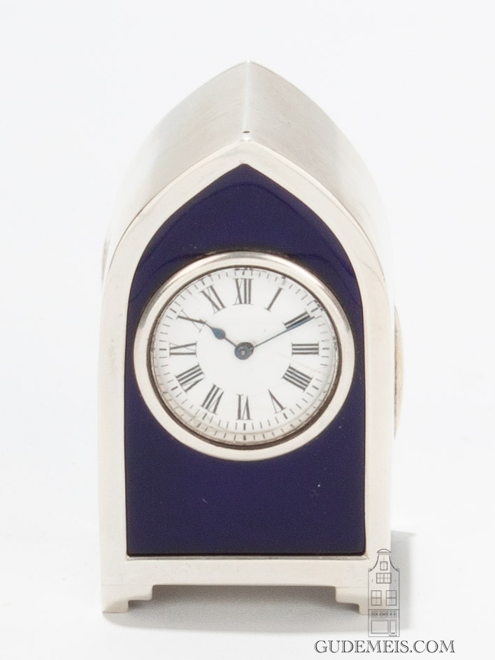 miniature-English-lancet-shaped-silver-blue-enamel-boudoir-travel-antique-clock-goldsmiths-london-