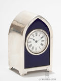 Miniature-English-lancet-shaped-silver-blue-enamel-boudoir-travel-antique-clock-goldsmiths-london-