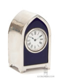 Miniature-English-lancet-shaped-silver-blue-enamel-boudoir-travel-antique-clock-goldsmiths-london-