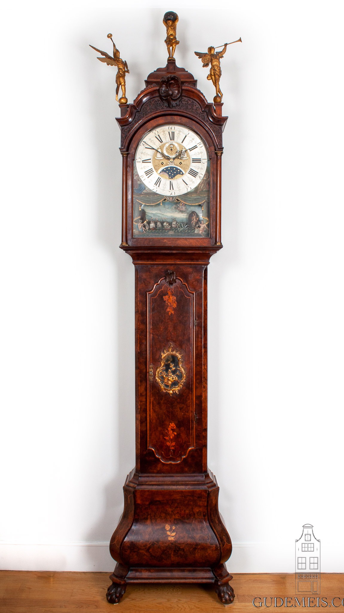 Dutch-burr-walnut-Louis XV-rococo-striking-calendar-moon phase-ships-automaton-animated-antique-longcase-clock-Jan Henkels-Amsterdam-