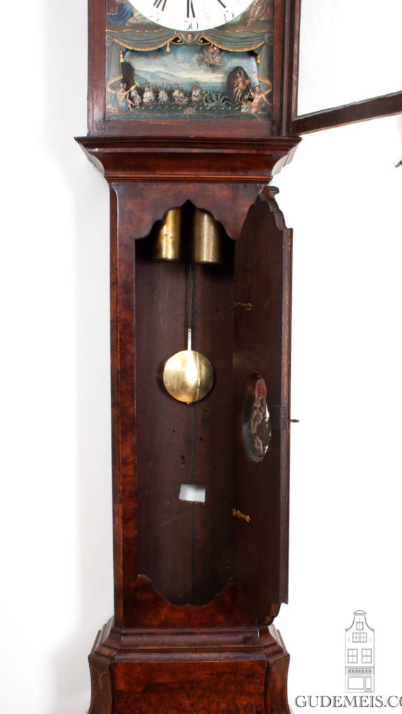 Dutch-burr-walnut-Louis XV-rococo-striking-calendar-moon phase-ships-automaton-animated-antique-longcase-clock-Jan Henkels-Amsterdam-