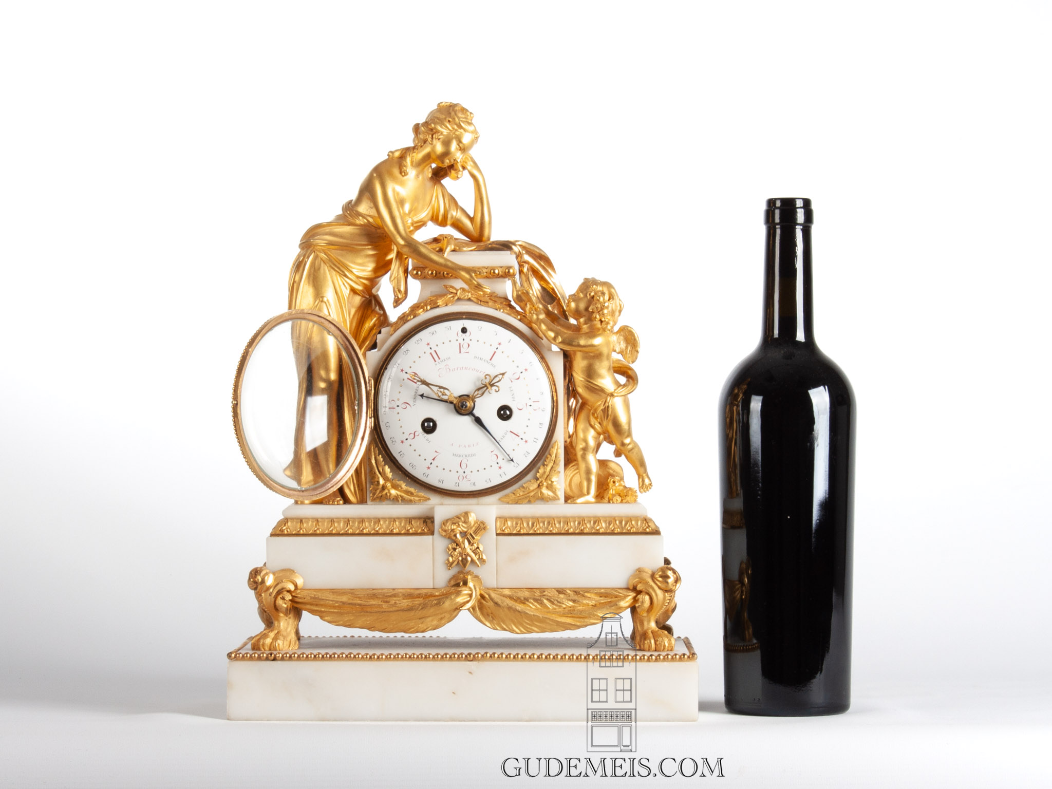 French-Louis XVI-ormolu-marble-gilt-bronze-striking-day-date-indication-model-vion-barancourt-Paris-mantel-clock-pendule-