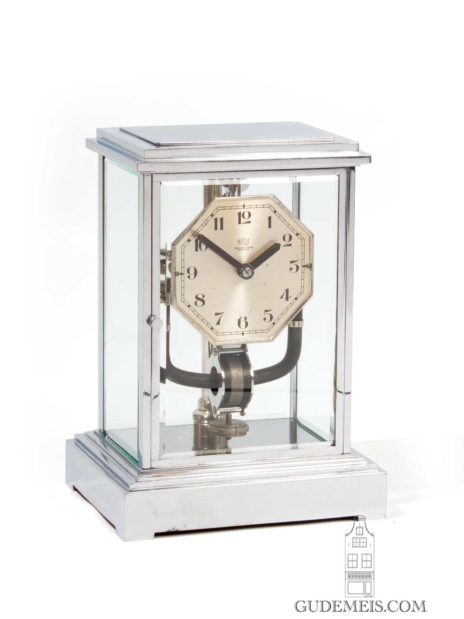 miniature-small-French-nickel-chrome-electric-art-deco-four-glass-mantel-clock-