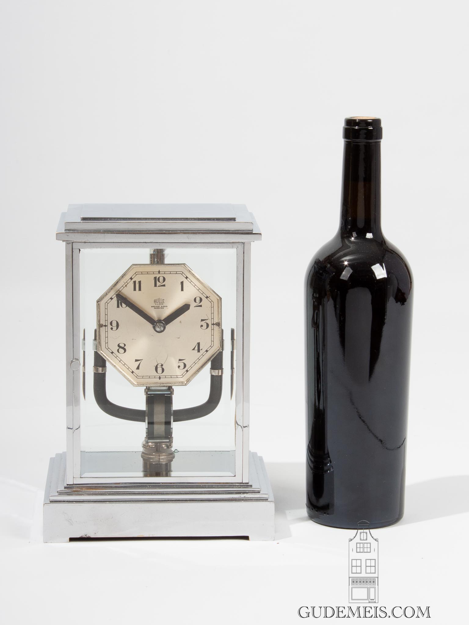 miniature-small-French-nickel-chrome-electric-art-deco-four-glass-mantel-clock-