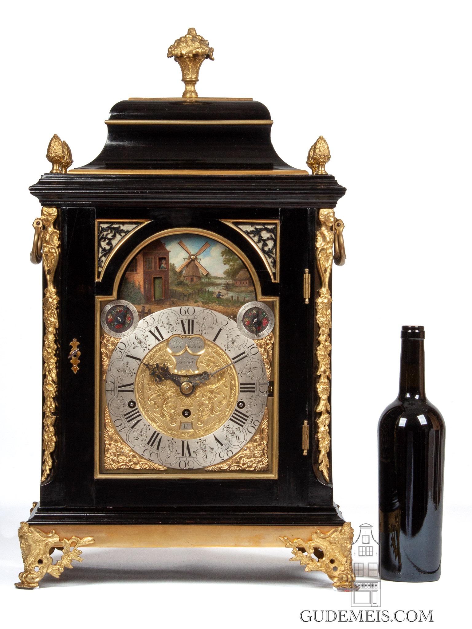 English-brass-mounted-ebonised-table-bracket-Dutch-striking-musical-automaton-antique-clock-Daye-Barker-London-