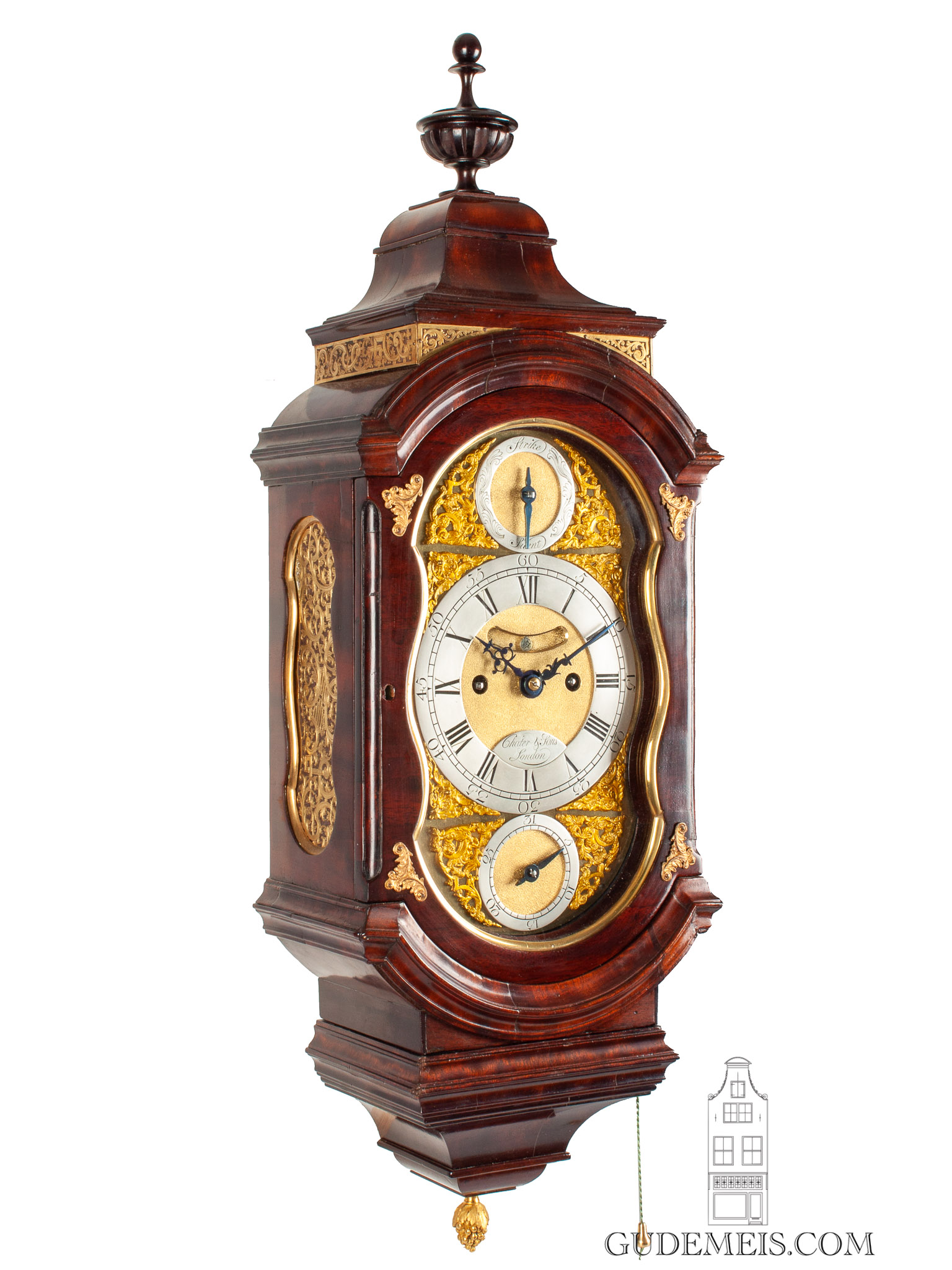 English-London-mahogany-brass-mounted-striking-date-bracket-antique-wall-clock-Chater & Sons-
