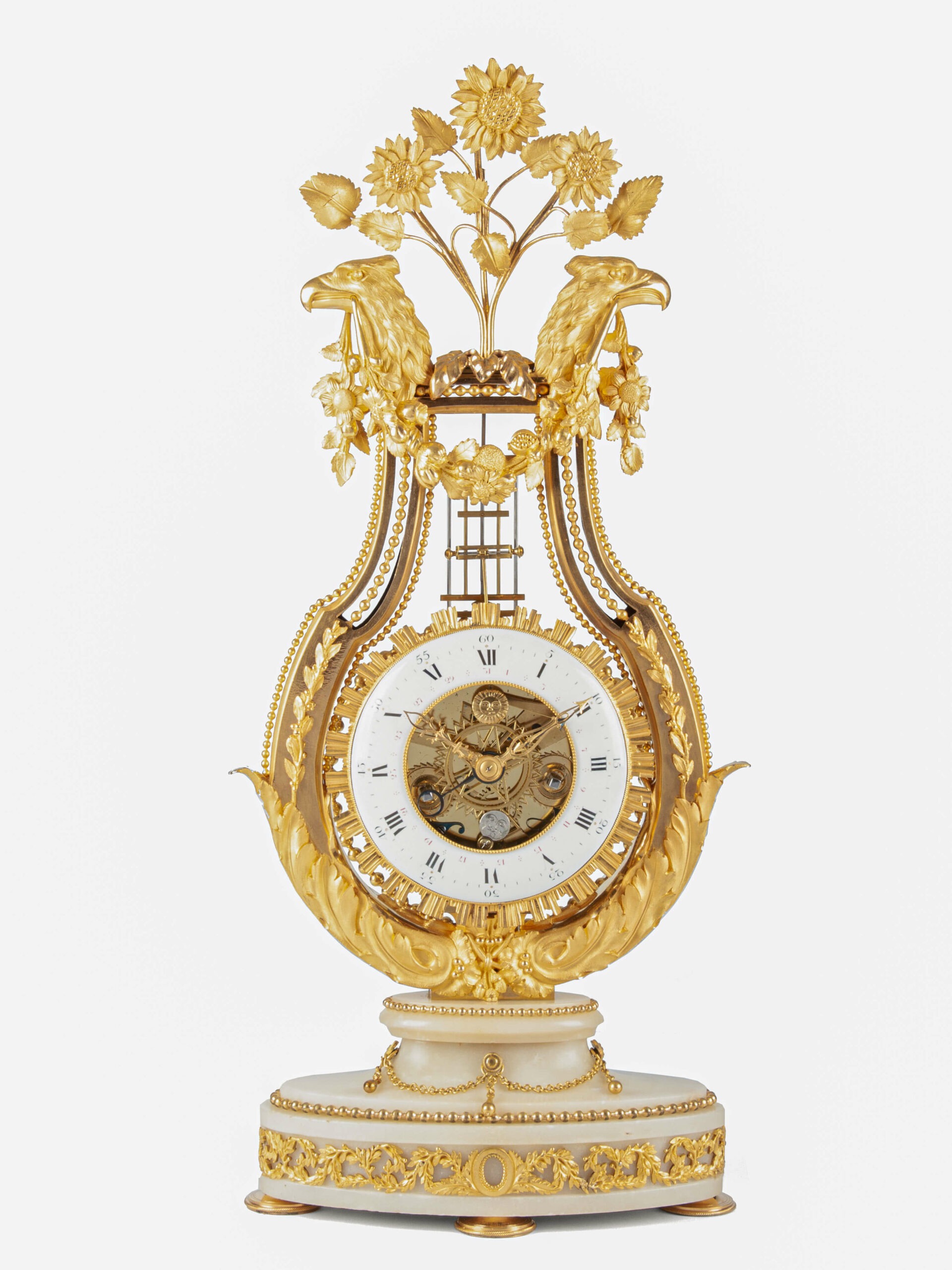 French-Louis-XVI-gilt-bronze-ormolu-skeletonized-marble-date-striking-oscillating-lyre-antique-mantel-Paris-clock-