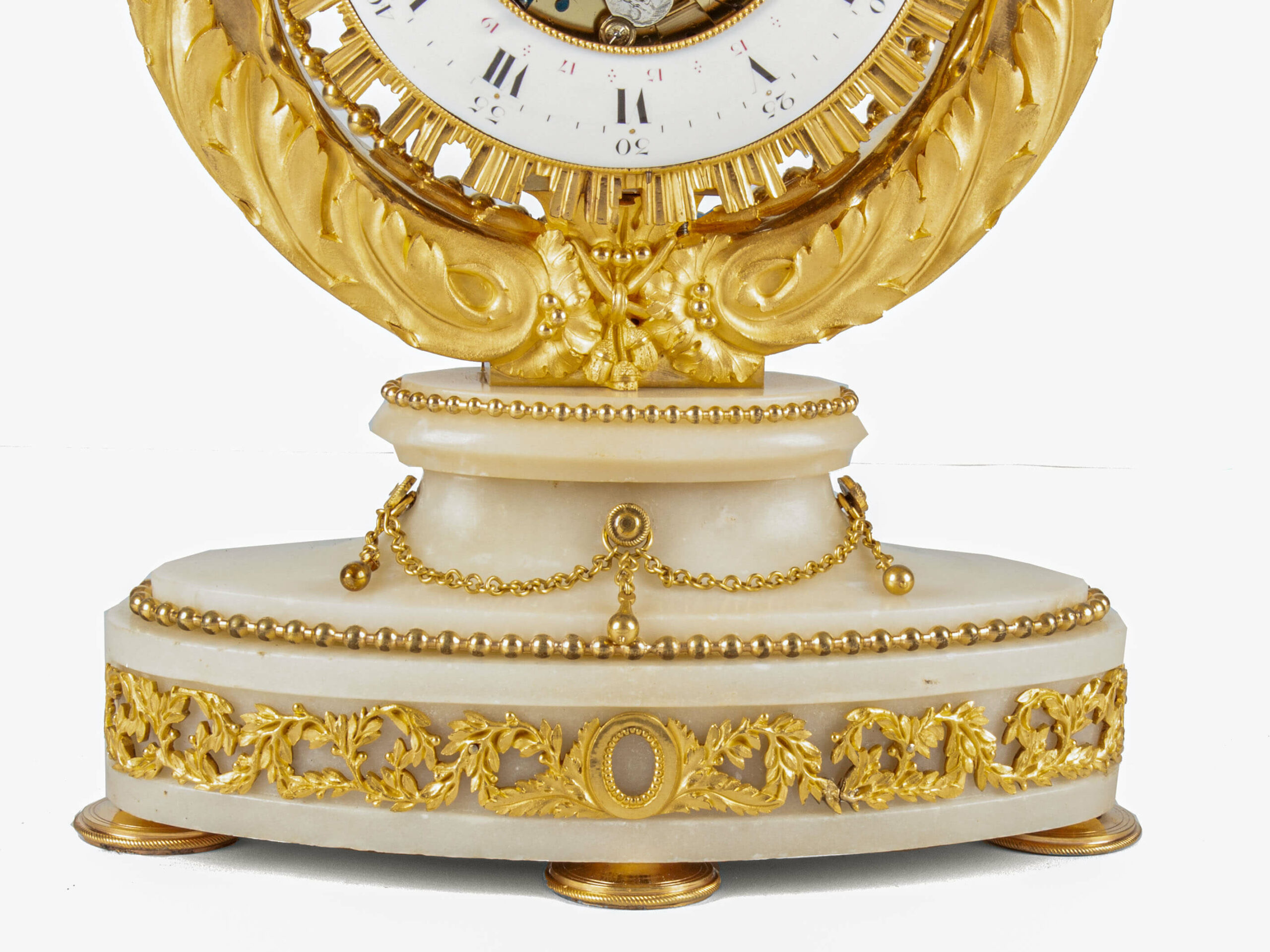 French-Louis-XVI-gilt-bronze-ormolu-skeletonized-marble-date-striking-oscillating-lyre-antique-mantel-Paris-clock-
