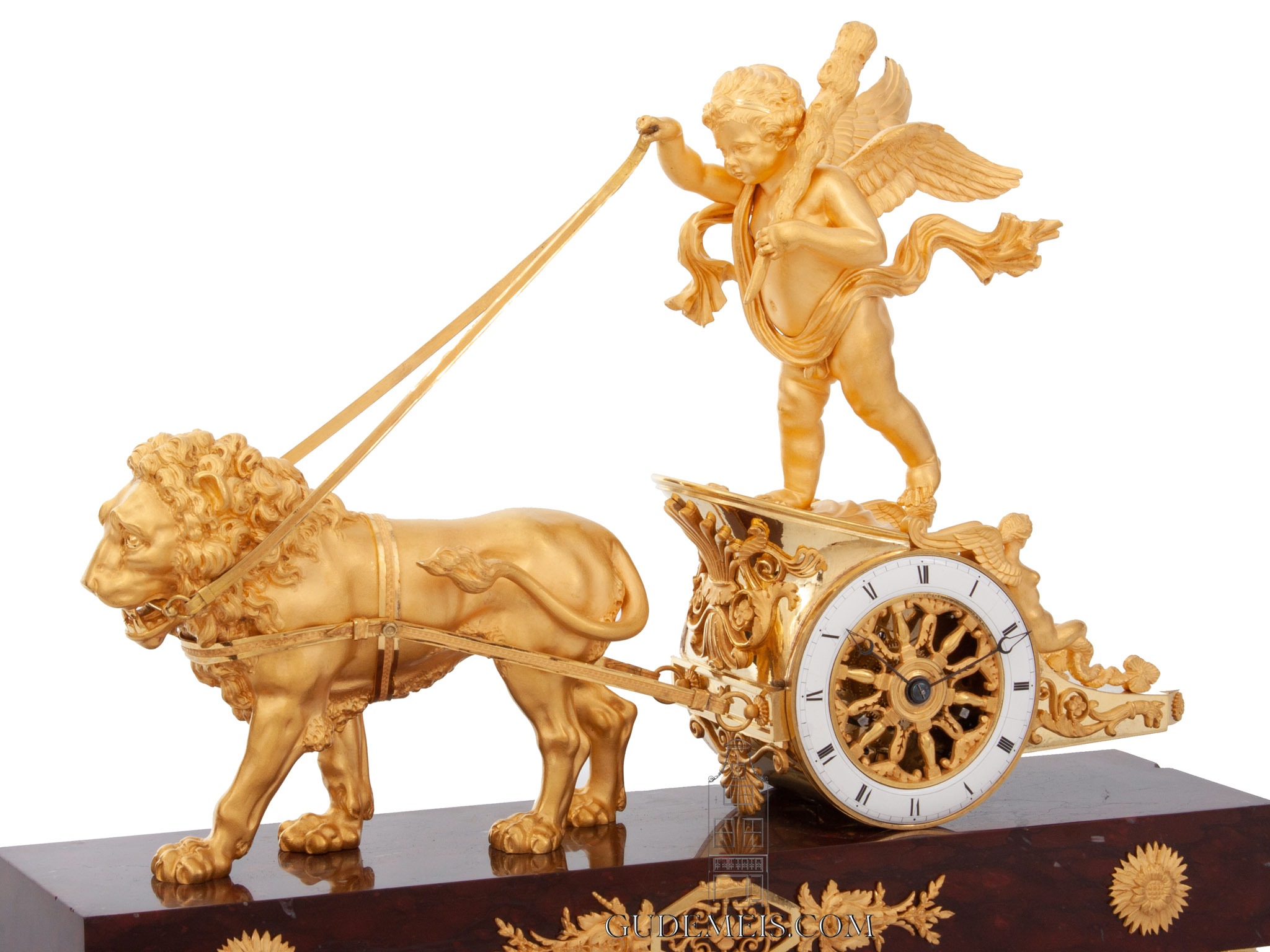 French-empire-gilt-bronze-ormolu-griotte-rouge-chariot-cupid-amor-lion-antique-mantel-clock-
